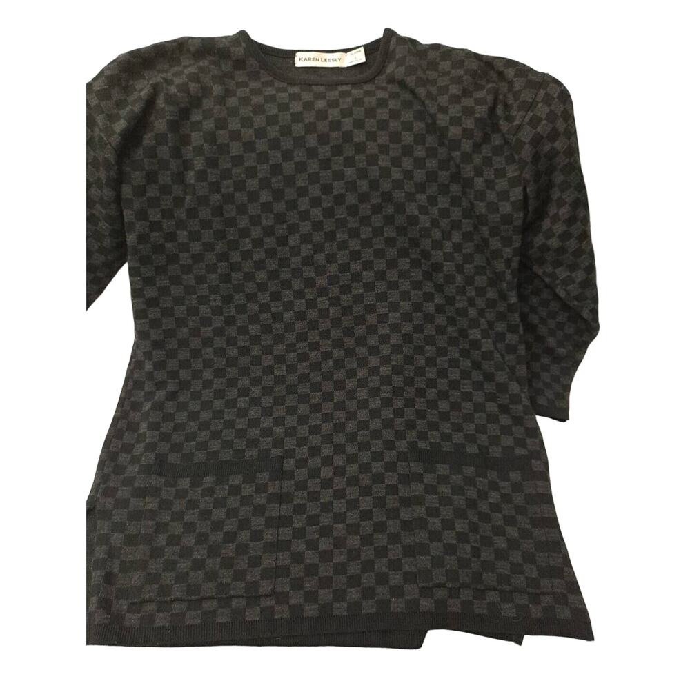 Karen Lessly Womens Sweater Vtg Top Sz L Gray & Black Check Long Sleeves Pocket